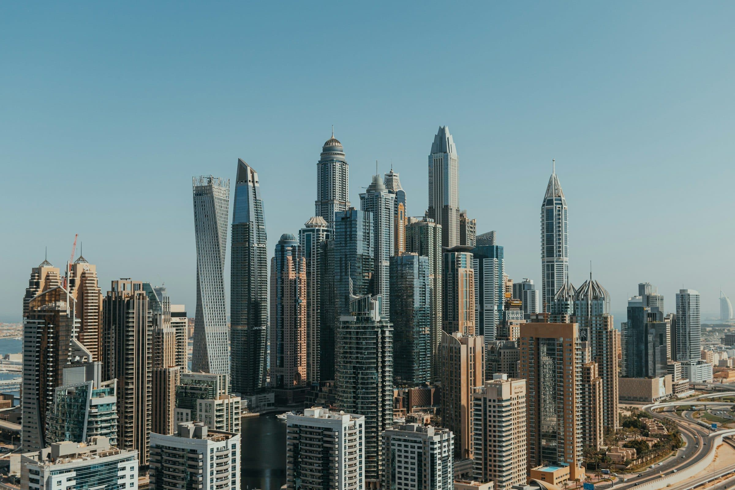 Dubai Marina’s towers from above on a clear day