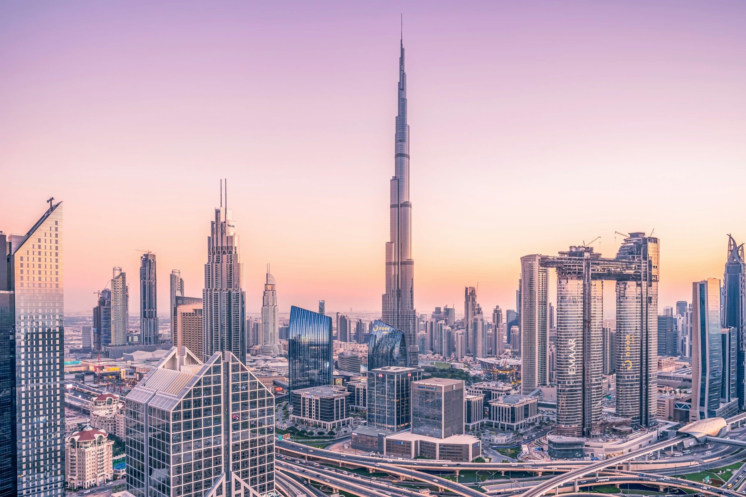 Downtown Dubai’s towers in soft evening light